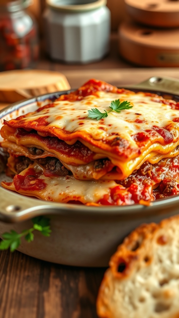 A hearty meat lasagna with rich layers of sauce and cheese, served with bread.